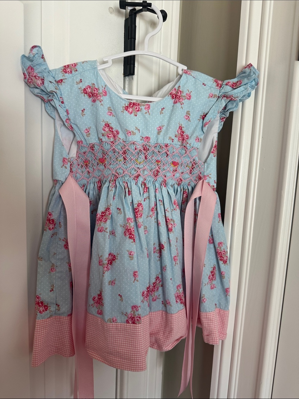 Girls' Blue Floral Smocked Dress with Pink Ribbon Accents